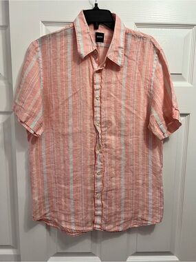 BOSS Hugo Boss Men’s Coral Stripe Linen Short-Sleeve Shirt